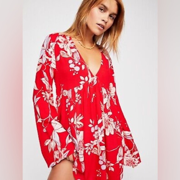 Free People ♥️ Bella Floral Print V-Neck Tunic Dress Red Boho Size Small - Picture 7 of 9